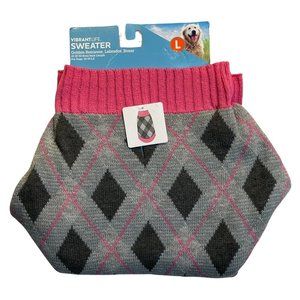 Vibrant Life New, Large Grey Pink Black Pullover Argyle Sweater